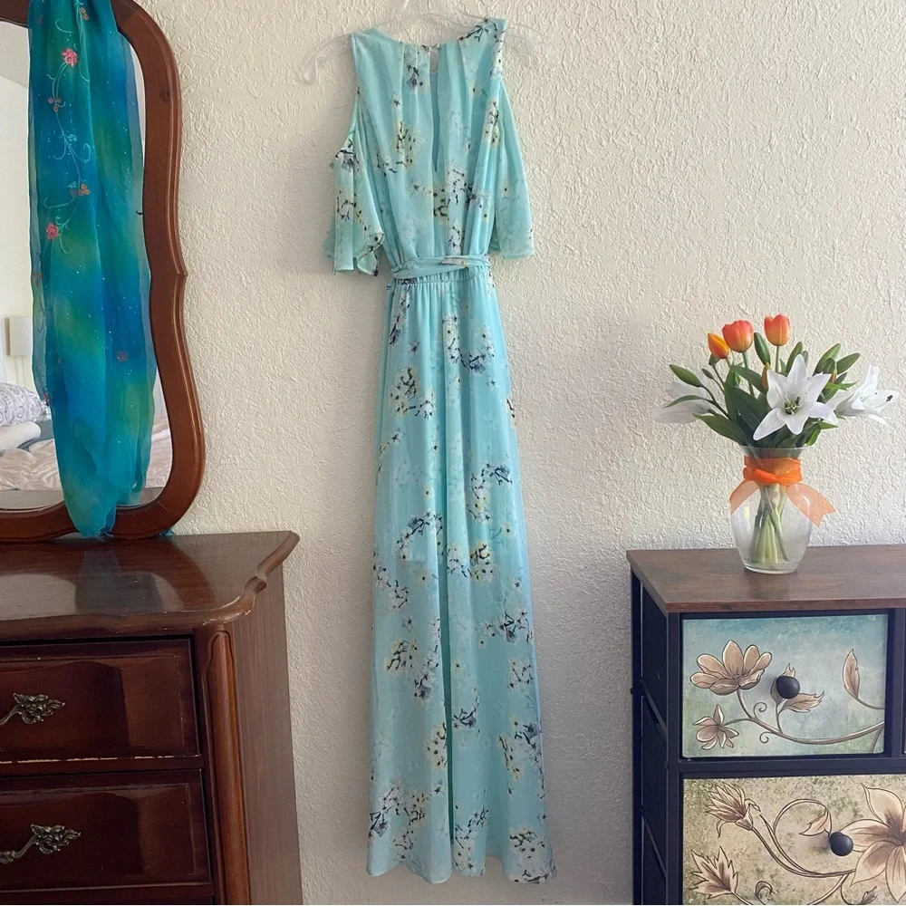 Calvin Klein 6 Maxi Dress Aqua Blue Asian Floral Cold Shoulder Chiffon Flowy - Picture 3 of 13